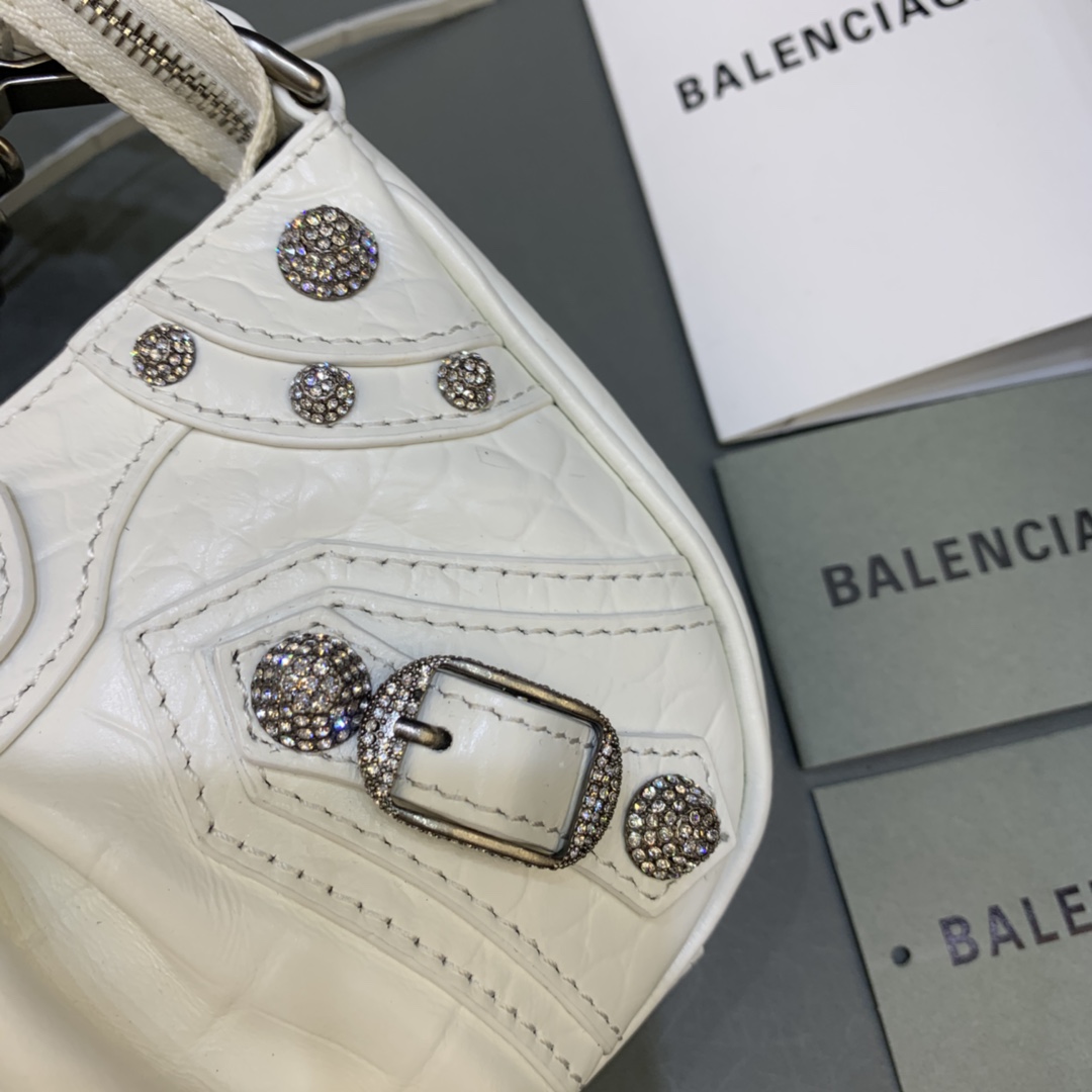 Balenciaga Le Cagole Mini Bag With Chain Crocodile Embossed Rhinestones Shoulder Bag White 